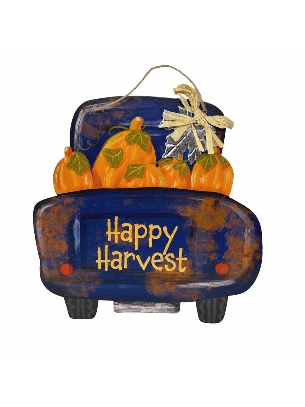 Happy Harvest Blue Truck Pumpkin Wall Hanging Fall Autumn Farmhouse Decor Sign